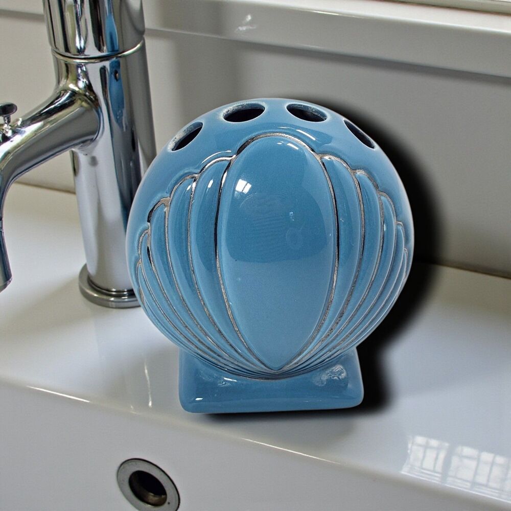 Vintage Blue & Silver Seashell Toothbrush Holder Nautical Bathroom Decor Ceramic